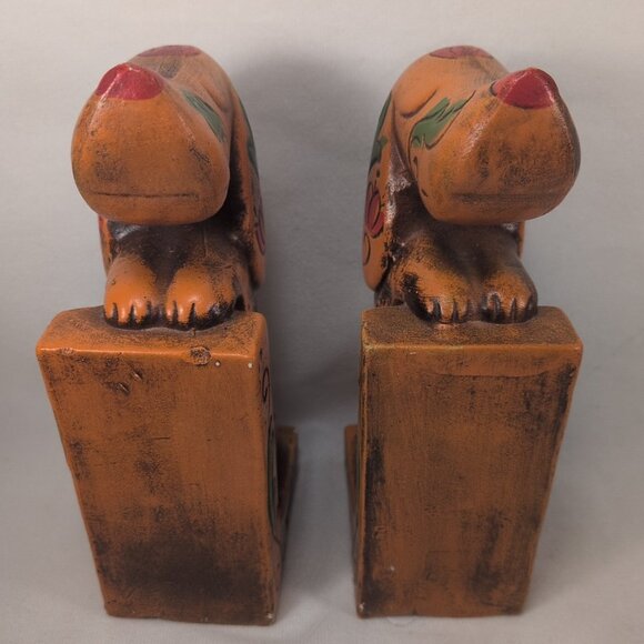 VTG 1950s Ceramic Arnart Creations Dachshund Japan Bookends Orange Rose Floral - Picture 4 of 10